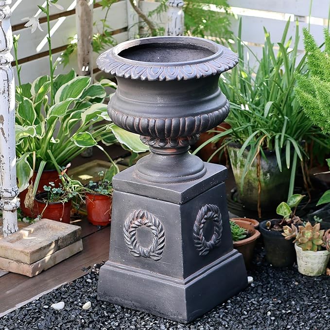 VISIBLE Classic Garden Urn Planter with Pedestal, Black Antique Finish, Cement Fiber Material, Decorative Leaf Pattern, 22 Inch Height, Indoor Outdoor Use, Delivered from Local Warehouse (Black)-Ruum Studio Home