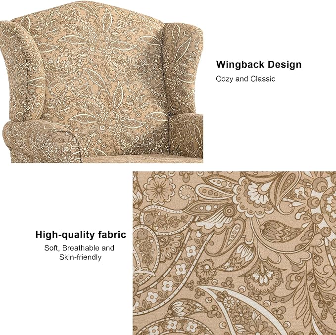 Accent Chair, High Back Upholstered Armchair with High Resilience Sponge & Wood Legs, Mid-Century Modern Comfy Single Sofa Reading Chairs for Living Room, Bedroom (Floral Light Brown, Set of 1)-Ruum Studio Home