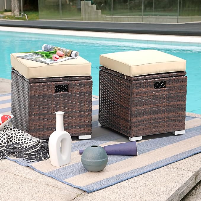 Patiorama 2 Piece Outdoor Patio Ottomans, All-Weather Brown PE Rattan Wicker Ottoman with Storage, Outdoor Footrest Footstool Seat w/Thick Cushion, Built-in Handle for Backyard Poolside Porch (Beige)-Ruum Studio Home