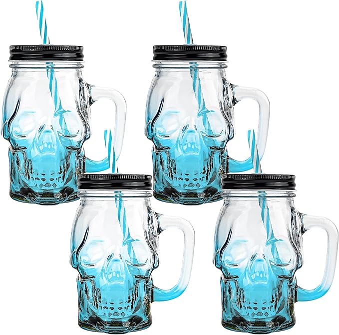 Halloween Cups Set of 4 - Blue Skull Glass Drinking Jar with Lids and Straws - Halloween Decor, Drinking Glasses 16 oz-Ruum Studio Home
