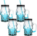 Halloween Cups Set of 4 - Blue Skull Glass Drinking Jar with Lids and Straws - Halloween Decor, Drinking Glasses 16 oz-Ruum Studio Home