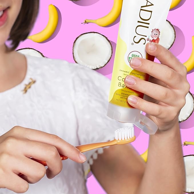 RADIUS USDA Organic Kids Toothpaste 3oz Non Toxic Chemical-Free Gluten-Free Designed to Improve Gum Health for Children's 6 Months and Up - Coconut Banana - Pack of 3-Ruum Studio Home