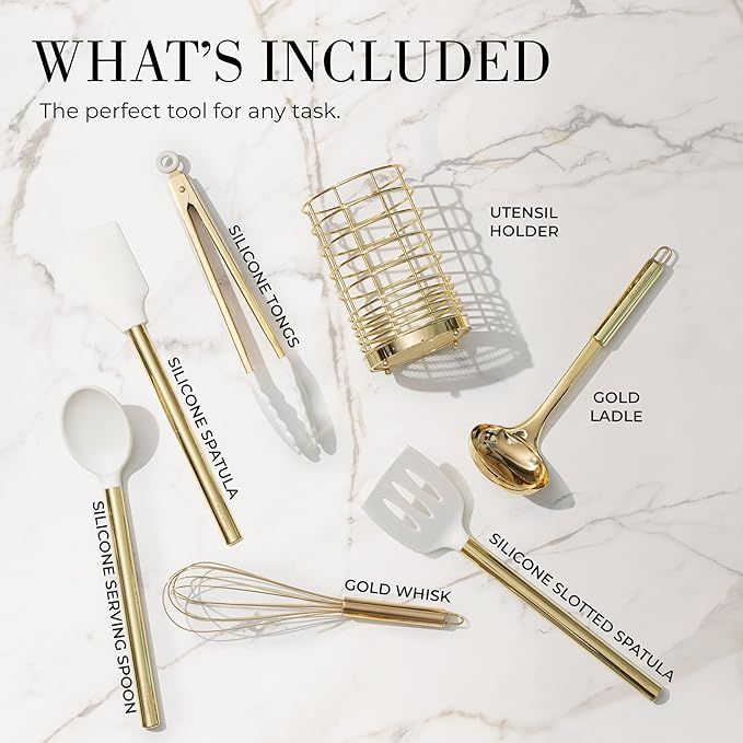 White Silicone and Gold Cooking Utensils Set with Gold Utensil Holder - 7-Piece Silicone Cooking Tools - Ideal for Nonstick Cookware and Stylish Modern Kitchens - Luxury Kitchen Accessories-Ruum Studio Home