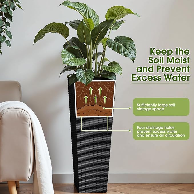 Devoko Resin Tall Planters for Outdoor Plants Set of 2, Large Taper Outdoor Planter Pots with 4 Drainage Holes, Flower Pots Modern Decor for Porch, Patio, Backyard, Home Garden (Black, 32")-Ruum Studio Home