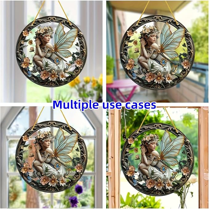 Flower Fairy Garden Decorations Angel Wing Christmas Halloween Deco Statue Art Elf Sculpture Hanging Craft for Outdoor Yard Courtyard Lawn Patio Window Acrylic Ornament Home Gift (A,L: 8*8 IN)-Ruum Studio Home