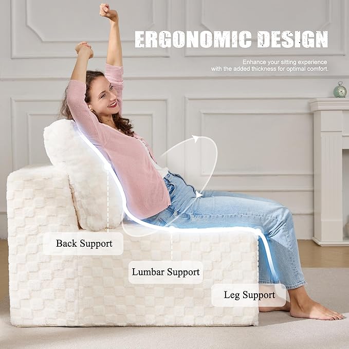 Single Sofa 1 Seat Couch with Deep Seat Memory Foam Cloud Chair with Pillows Large Sofa with L Shape for Living Room Bedroom (Plush White, Single)-Ruum Studio Home