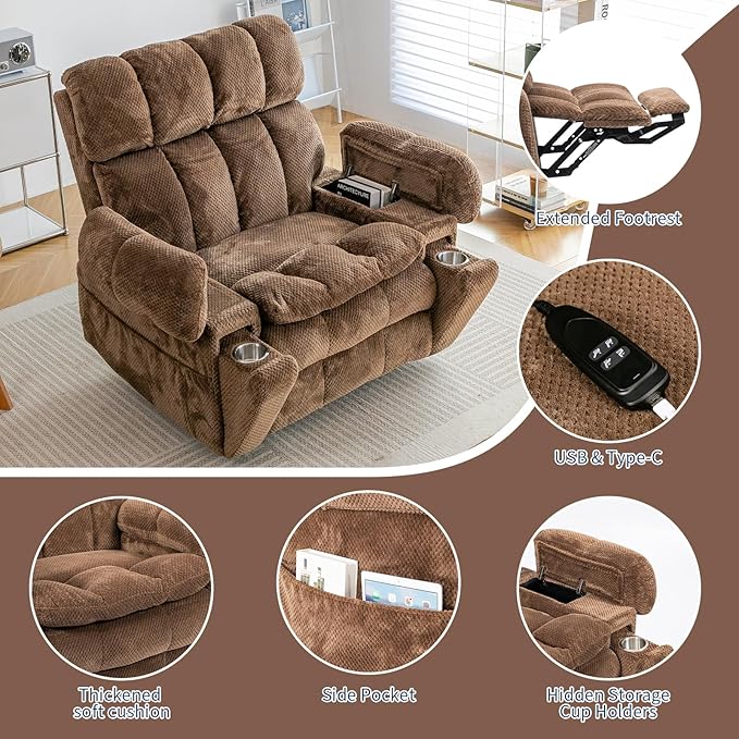 Oversized Power Lift Recliner Chair with Adjustable Headrest for Elderly,Dual Motor Lay Flat Recliner Chair with USB Port,Type C,Big and Tall Recliner with Massage and Heat,Cup Holders,Storebox,Brown-Ruum Studio Home