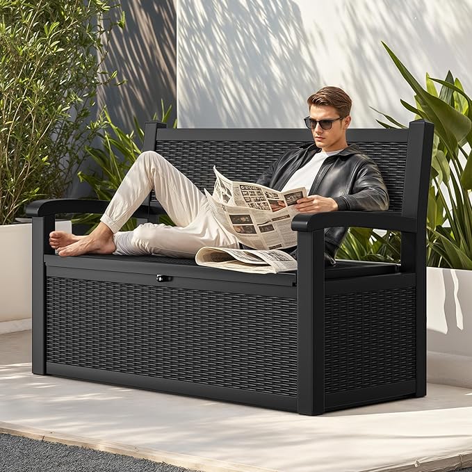 YITAHOME 70 Gallon Storage Bench Deck Box, Lockable Patio Bench, Waterproof Outdoor Pool Deck Storage for Patio Cushions, Garden Tools and Pool Supplies, Black-Ruum Studio Home