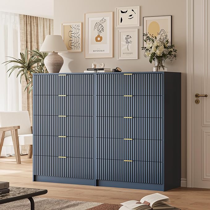 5 Drawer Dresser for Bedroom, Tall Dresser Chest of Drawers with Gold Handles, 32 Inch Wide Nightstand with for Bedroom, Living Rooms, Offices, and Entryways, Navy Blue-Ruum Studio Home
