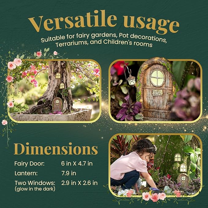 Fairy Door and Windows – Glow in The Dark Yard Art Sculpture Decoration for Kids Room, Wall and Trees Outdoor | Miniature Garden Outdoor Decor Accessories with Bonus Fairy Lantern-Ruum Studio Home