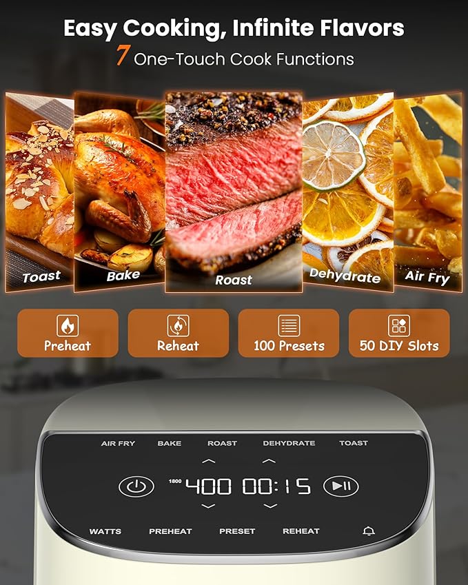 Nuwave Brio Plus Air Fryer 8 Qt, New & Improved, PFAS-FREE, 7 Digital One-Touch Cook Functions that AIR FRY, BAKE, ROAST, DEHYDRATE, TOAST, REHEAT, PREHEAT, 150 Presets, 50°F~400°F (Cream)-Ruum Studio Home