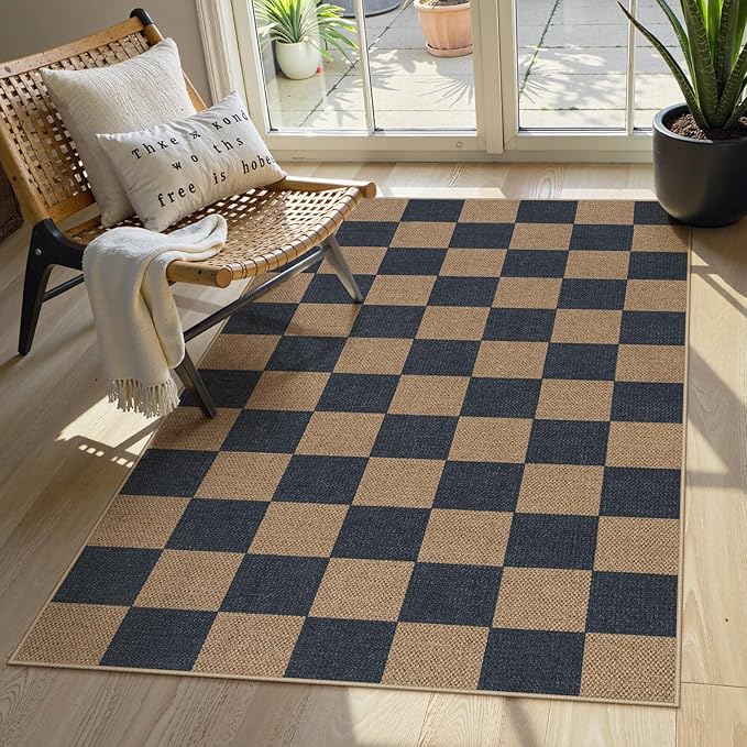 Lahome Checkered Easy Jute Indoor Outdoor Carpet, 3x5 Washable Rugs for Entryway Living Room Farmhouse Area Rug, Non Slip Blue Checkerboard Indoor Door Mat for Entry Patio Deck-Ruum Studio Home