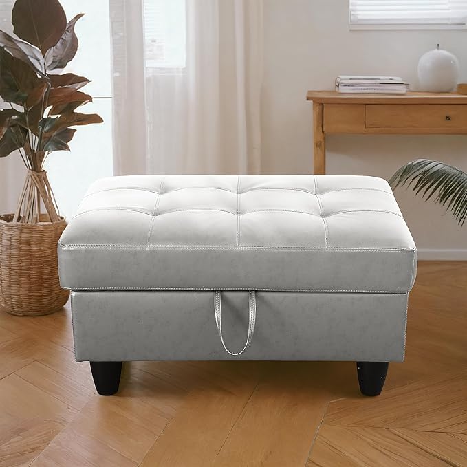 Ottoman Rectangular Storage Ottoman Bench, Faux Leather Footrest, Coffee Table, Stool Footstool with Hinged Lid for Living Room, Bedroom, Entryway, Silver, 35"x23.5"x17.5"-Ruum Studio Home