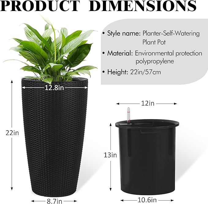 2Pack 22" High Modern Plant Pots Planter-Self-Watering Indoor/Outdoor Planting with Drain Holes, Water Level Monitor, Inner Bucket for Front Porch Patio, Black Rattan Conical-Ruum Studio Home