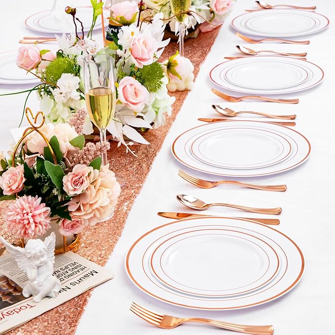 FLOWERCAT 60PCS Rose Gold Plastic Plates - Heavy Duty Rose Gold Plates Disposable for Party Wedding- Include 30PCS 10.25inch Dinner Plates and 30PCS 7.5inch Dessert Plates-Ruum Studio Home