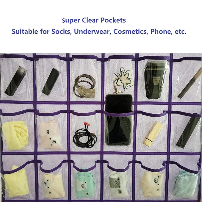 Classroom Pocket Chart for Phone Calculator Holder Over The Door Hanging Closet Jewelry Organizer with 30 Clear Pockets (Purple)-Ruum Studio Home