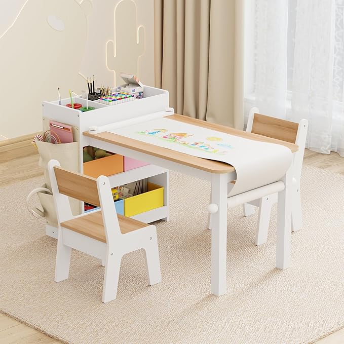 Kids Art Table and Chair - Toddler Craft Table and Chairs Set with 2 Chair & Bins, Large Storage Kids Activity Desk with Paper Roll for Playrooms & Classroom, 40" L x 20" W, Natural-Ruum Studio Home