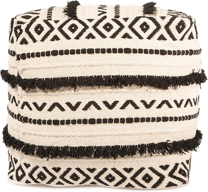 REDEARTH · Tufted Pouf Ottoman with Filler Textured Storage Cube Bean Bag Pouffe Footrest for Living Room, Bedroom, Nursery, Kidsroom; 100% Cotton (17.5"X17.5"X17.5", Geometric Craft Black)-Ruum Studio Home