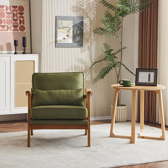 Karl home Accent Chair Wide Armrest Mid-Century Lounge Chair Linen Fabric Armchair with Lumbar Pillow & Solid Wood Frame for Living Room, Bedroom, Balcony, Green-Ruum Studio Home