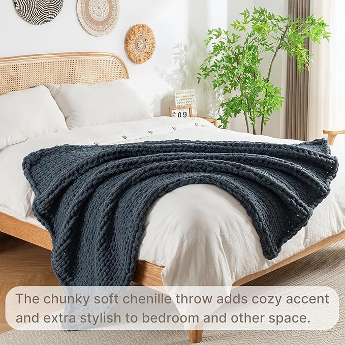 Chunky Knit Blanket Throw, 100% Hand Knit Throw Blanket Handmade Chenille Cable Knit Throw for Couch, Stylish Cozy Soft Rope Knot Crochet Blanket for Home Decor, Blue Mirage, 40x50 Inches-Ruum Studio Home