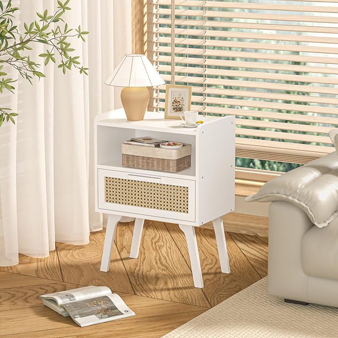 Lerliuo Rattan Nightstand, Bedside Table with Drawer Open Shelf, Cane Accent Side End Table with Solid Wood Legs, White Mid Century Night Stand for Bedroom, Dorm and Small Spaces-Ruum Studio Home