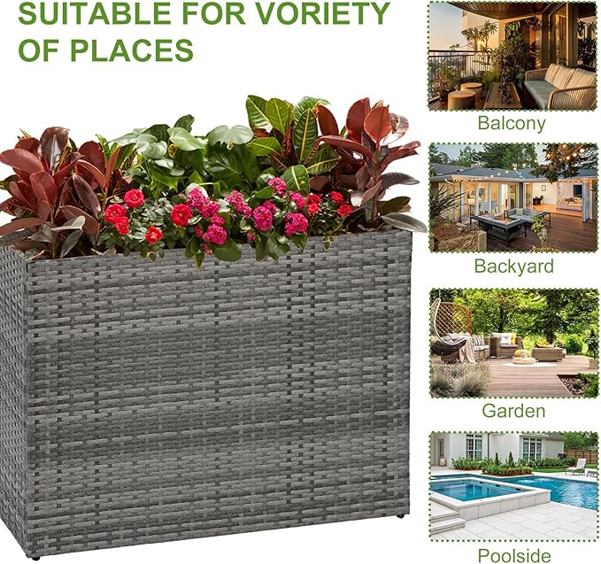 LEWIS&WAYNE Large Rectangular Block Planter Box Handmade Wicker Tall Planters for Outdoor Plants with Removable Liners Modern Planter for Indoor Outdoor Patio Deck - Gray, 38''x11''x30''-Ruum Studio Home