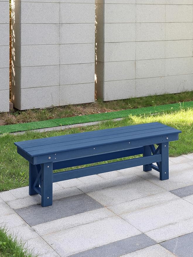 HDPE Outdoor Bench, 55" Patio Bench Outdoor Furniture, Poly Lumber Adirondack Benches, All Weather HDPE Garden Backless Benches for Park, Poolside, Deck, Porch, Navy-Ruum Studio Home