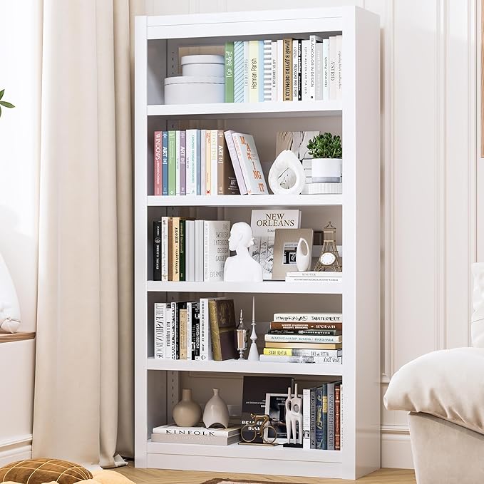 61" H Metal Bookshelf, 5 Tier Adjustable Bookshelf, White Small Bookcase, Bedroom Bookshelves and Bookcases, Modern Book Shelf for Living Room, Office, Easy Tool-Free Assembly-Ruum Studio Home