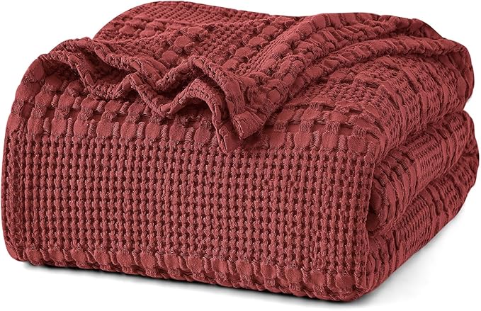 PHF 100% Cotton Waffle Weave Blanket Queen Size, Soft Lightweight Breathable Cozy Summer Blankets for Bed, Luxury Aesthetic Woven Bedding for Home Decor, 90"x90", Wine Red-Ruum Studio Home