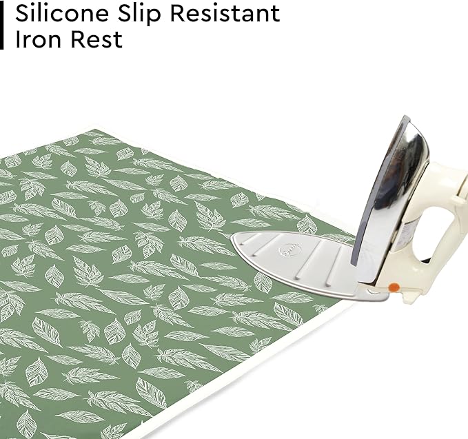 Encasa XO Ironing Mat/Pad (Large 48"x28") with 3mm Padding & Silicone Iron Rest for Steam Pressing on Tabletop or Bed - Heat Resistant, Portable, Quilting & Travel Blanket - Big Leaves Green-Ruum Studio Home