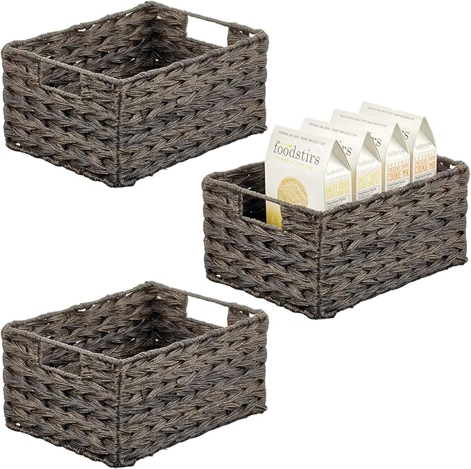 mDesign Woven Farmhouse Kitchen Pantry Food Storage Organizer Basket Bin Box, Container Organization for Cabinets, Cupboards, Shelves, Counter - Store Potatoes, Onions, Fruit, 3 Pack, Espresso Brown-Ruum Studio Home