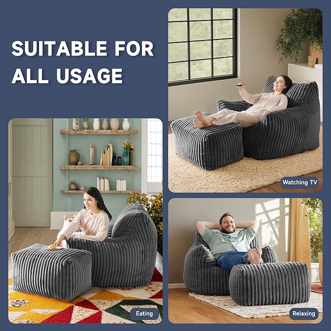Giant Bean Bag Chairs for Adults, Oversized Chaise Lounge Chair Indoor with Memory Foam - Plush Boneless Lounger & Ottoman for Bedroom, Living Room, Gaming & Reading, Lazy Floor Sofa Chair, Gray-Ruum Studio Home