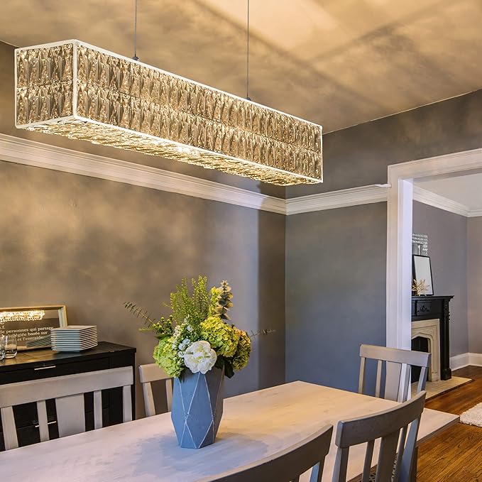 IKK Modern Rectangle Chandelier for Dining Room, Crystal Chandeliers with Stainless Steel in Chrome, Large Rectangular Pendant Light for Kitchen Island L40 x W6.7 x H6.3-Ruum Studio Home