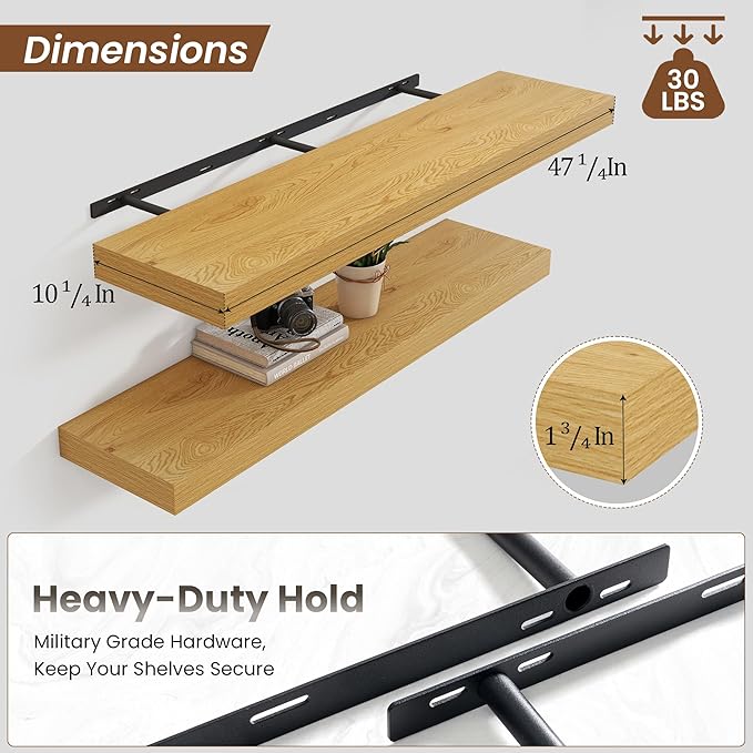 Heimlove 48" Floating Shelves for Wall,10 Deep Rustic Wood Storage Wall Shelves with Heavy Duty Brackets for Bathroom,Bedroom,Kitchen,Living Room,Office,Set of 2,Oak Color-Ruum Studio Home