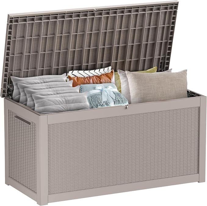 Large Deck Box 260 Gallon, Resin Patio Storage Box with Lockable Lid for Patio Furniture, Garden Tools, Pool Accessories, Weatherproof Outdoor Storage Bin, Brown-Ruum Studio Home