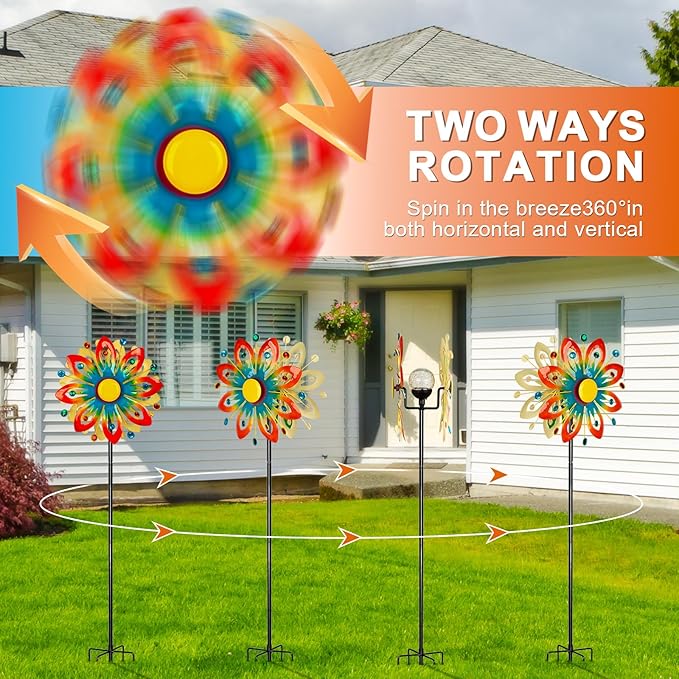 Soalr Wind Spinners -60.63 Inch Outdoor Metal Stake Yard Wind Sculptures, Solar Powered Multi-Color LED Glass Ball with Kinetic Wind Spinner Windmills for Outdoor Lawn & Garden Decoration-Ruum Studio Home