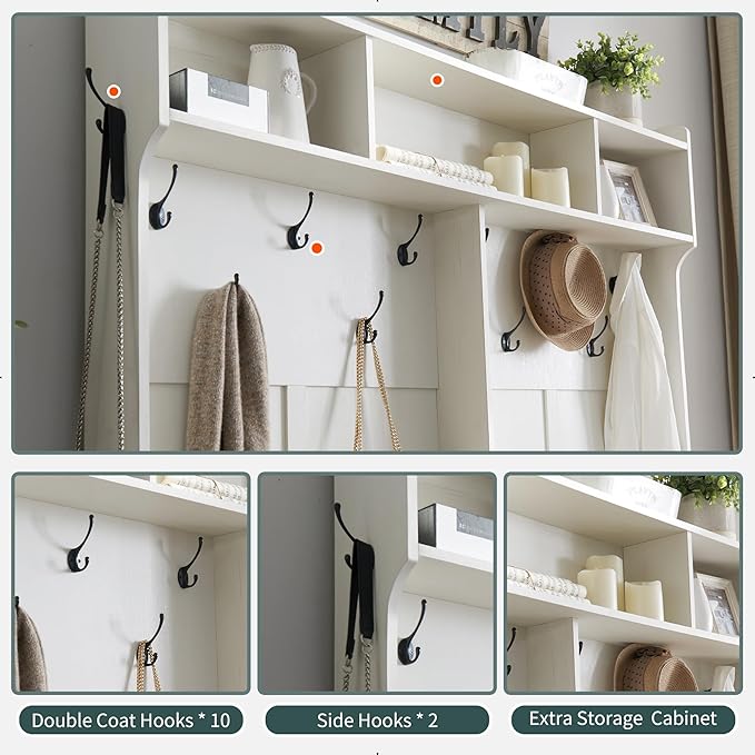 JXQTLINGMU 59" Farmhouse Hall Tree with Shoe Storage, Entryway Bench with 20 Cubbies, 12 Hooks & Sliding Barn Doors, Mudroom Coat Rack Cabinet, Off White-Ruum Studio Home
