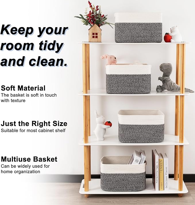 4 Pack Storage Baskets for Organizing, Woven Baskets for Shelves - Perfect for Toys, Books, Towels, and Clothes, Durable Gift Basket Bins Toy Storage, 13''Lx9''Wx7.8''H, Black & White-Ruum Studio Home