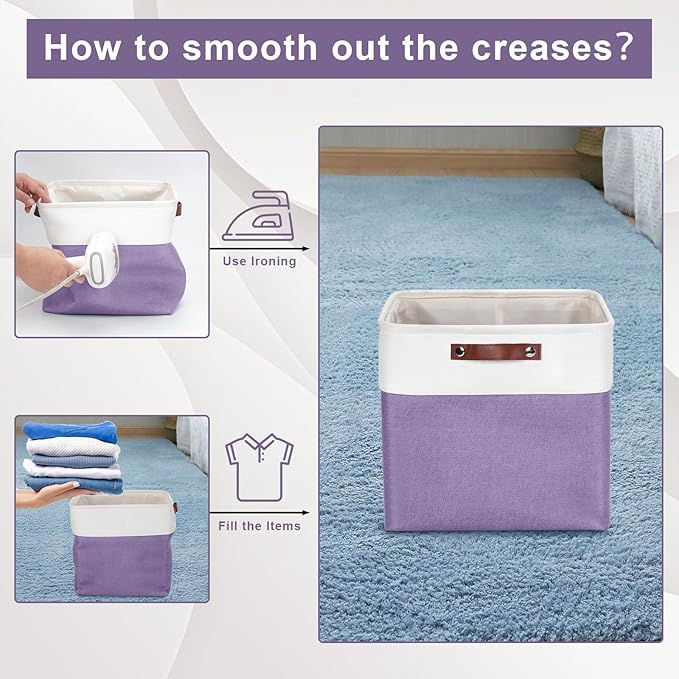 13x13 Cube Storage Bins, Collapsible Fabric Storage Box, 4 Pack Closet Baskets with Handles for Organizing, Shelf, Toys, Clothes, Home, Office, Nursery (Purple&White)-Ruum Studio Home