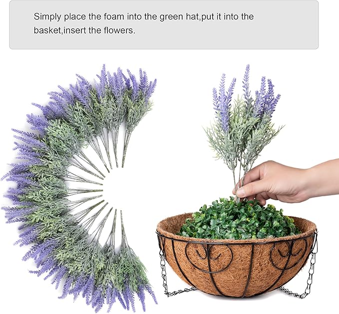 Artificial Hanging Flowers with Basket Fake Summer Lavender for Outdoor Decor, 12 Bundles Faux Purple Outside Decoration Realistic UV Resistant Plants for Porch Balcony Patio Garden Yard-Ruum Studio Home