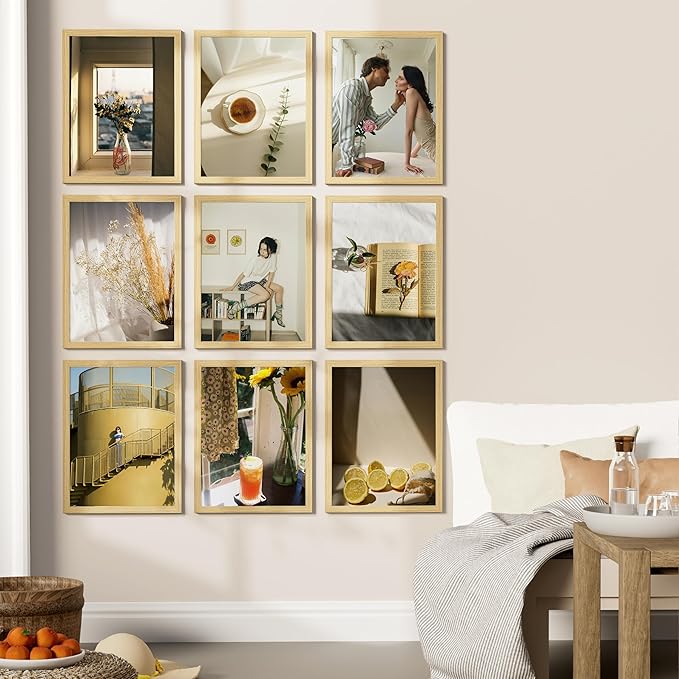 Vittanly 12x16 Picture Frames Set of 9, Shatter Resistant Plexiglass, Display 11x14 Pictures with Mat or 12x16 without Mat, Photo Frames for Wall Mount, Engineered Wood, OAK-Ruum Studio Home