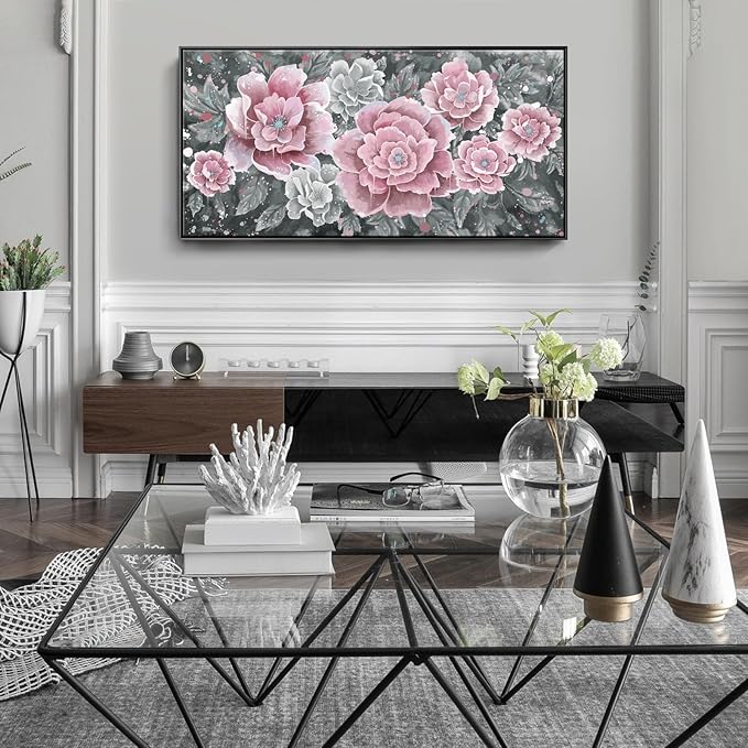 Large Pink Wall Art for Living Room- Pink and Black Peony Floral Canvas Wall Art Modern Framed Moody Black and White Wall Picture Flower Artwork Decor for Bedroom Dining Room Office 48x24-Ruum Studio Home
