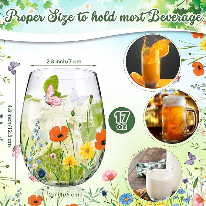 Sliner 2 Pack 17oz Wildflower Stemless Wine Glasses Floral Butterfly Drinking Glasses Spring Flowers Tumbler Cups for Graduation Wedding Mother's Day Birthday Drinking Party Favors-Ruum Studio Home