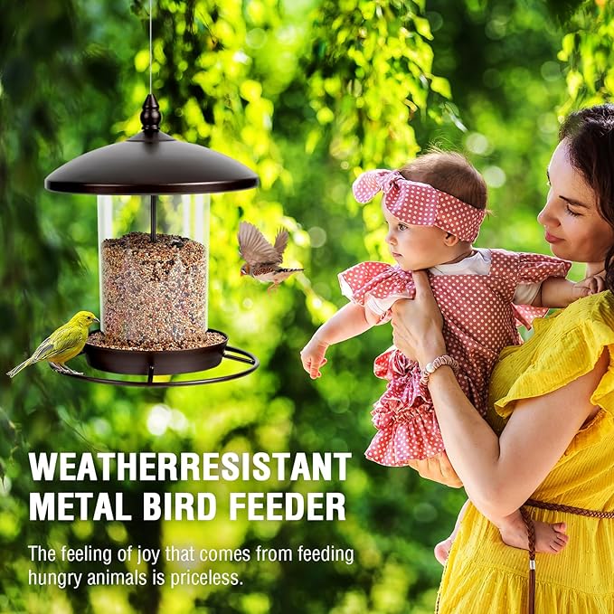 Metal Bird Feeder for Outdoors Hanging,3.0LB Seed Feeder,Easy to Fill & Clean,360° Feeding,Weatherproof Roof for Gardens and Wild Birds,Brown-Ruum Studio Home