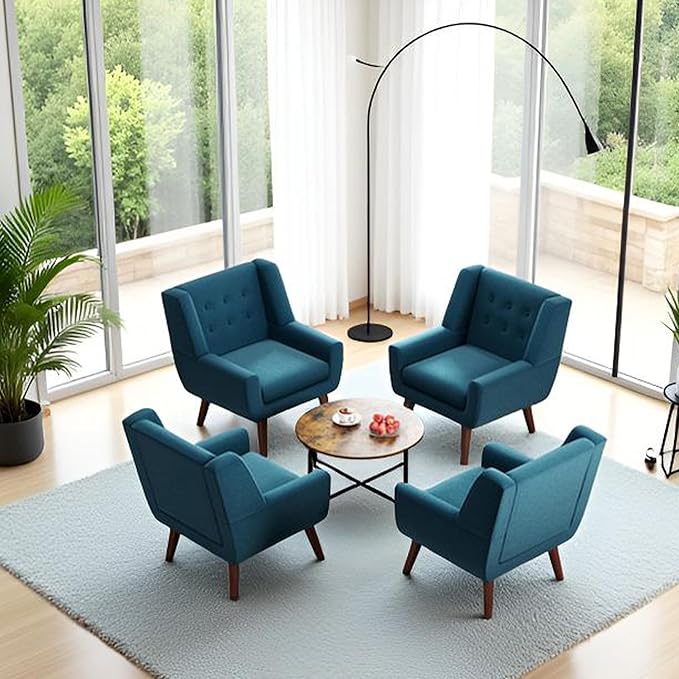 HUIMO Accent Chairs Set of 4, Upholstered Button Tufted Armchair, Linen Fabric Sofa Chairs for Bedroom, Living Room, Mid Century Modern Comfy Reading Chair (Lake Blue)-Ruum Studio Home