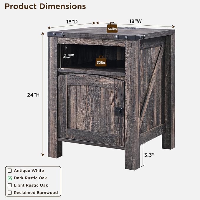 OKD Nightstand with Charging Station Set of 2, 18 Inchs Farmhouse End Table with Adjustable Storage Shelf, Rustic Wood Sofa Side Table for Bedroom-Ruum Studio Home