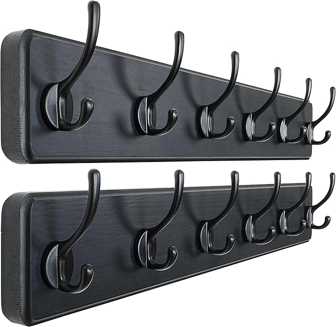 Dseap Wall Mounted Coat Rack: 24" Long, Patented, Heavy-Duty, 6-Double-Hooks Wooden Hanger Rail for Winter Coats, Hat, Jacket, Clothing - Black, Pack of 2-Ruum Studio Home