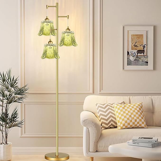 Gold Floor Lamp for Living Room,Bedroom,Tree 3 Light Standing Lamp Mid Century Modern Brass Tall Floor Lamps Vintage Retro Floor Lights Glass Green Flower Lamp Shade Farmhouse Boho Bohemian-Ruum Studio Home