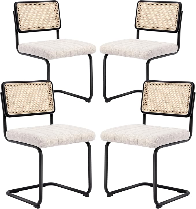 Natural Rattan Dining Chairs Set of 4, Modern Kitchen Chairs with Solid Wood Back, Upholstered Cesca Side Chairs with Comfy Linen Cushion-Ruum Studio Home