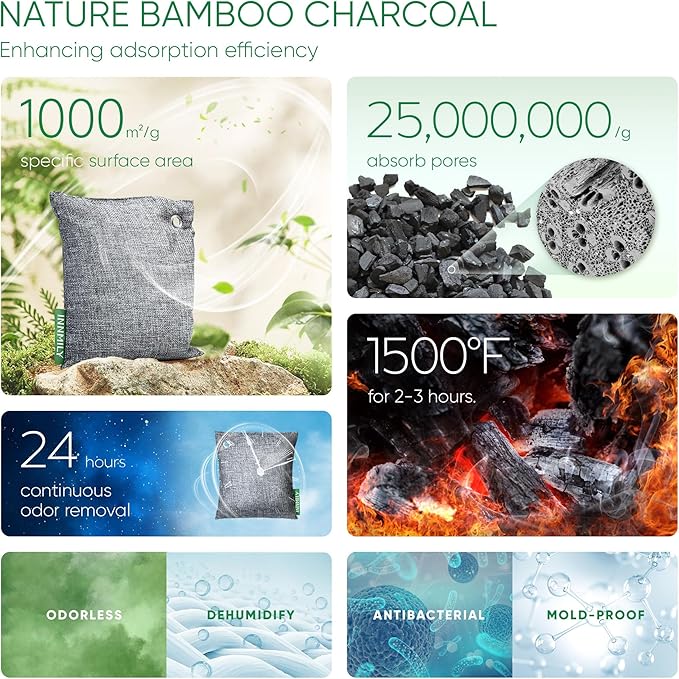 Activated Charcoal Odor Absorber, 6 Pack Natural Shoe Odor Eliminator, Bamboo Charcoal Air Purifying Bags, Sneaker Deodorizer and Moisture Absorbers for Clean Footwear, Shoe Odor Remover-Ruum Studio Home